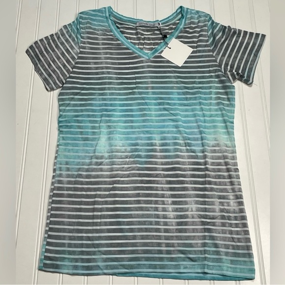 NWT Michelle Mae Turquoise & Gray Stripes Ombré Short Sleeve Tee size XS - Picture 3 of 10
